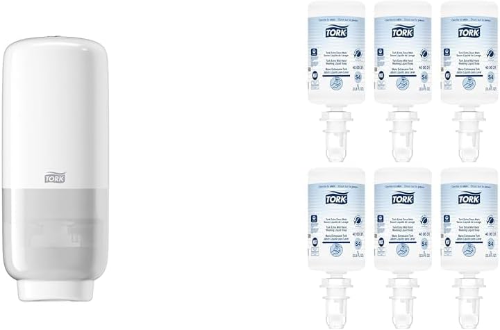 Tork Intuition Sensor Skincare Dispenser White S4, for Hand Soap and Hand Sanitizer, Elevation Range + Tork Extra Mild Hand Washing Liquid Soap S4, No Fragrance added, 6 x 1L