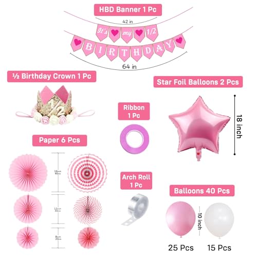 Image of Party Propz Half Happy Birthday Decoration Kit - 52 Pcs, Balloons for Birthday, Bday Decor Items with 1 /2 Birthday Crown, 1 /2 Happy Birthday Banner, Half Bday Decoration for Baby (Cardstock)