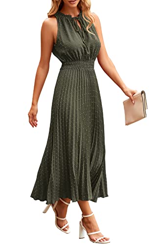 PRETTYGARDEN Women's Midi Summer Dresses Casual V Neck Swiss Dot Ruffle Sleeveless A Line Beach Sun Dress