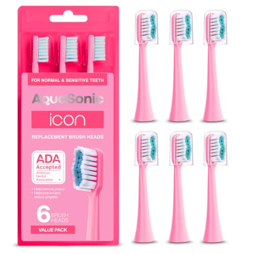AquaSonic Genuine Icon Replacement Brush Heads | ADA Accepted | Compatible with AquaSonic Icon Toothbrush | 6 Brush Heads | for Normal & Sensitive Teeth (Electric Pink)