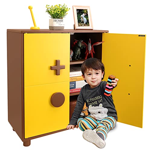 Accent Storage Cabinet With Door And Shelves, Free Standing Accent Side Cabinet, Large Cube Toy Box Storage Organizer For Playroom Living Room Home Furniture,Yellow #TOP23