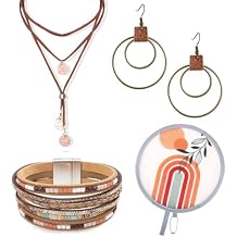 4 Pcs Boho Western Jewelry Set,Boho Vintage Choker Necklace Earrings Faux Leather Bracelet,Boho Earrings for Women,Bohemian Round Foldable Hand Fan Ethnic Bohemian Jewelry Gift