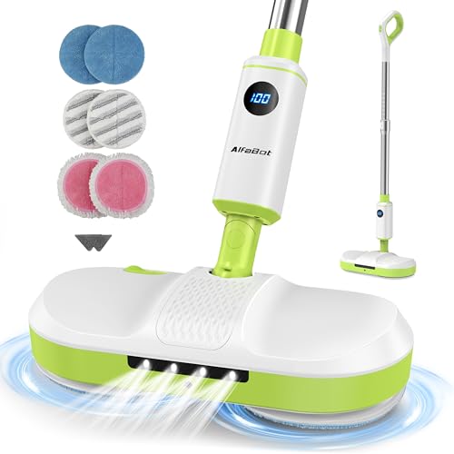 AlfaBot Cordless Electric Mop for Floor Cleaning, Dual Spin Mop with LED Headlight /Water Spray/Self-Propelled,Clean up to 2700 ft²