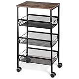 LIANTRAL Rustic Kitchen Cart with Wheels and Storage,3 Tier Metal Mesh Rolling Storage Cart, Mesh Storage Pantry Cart with Lockable Wheels，Wood Look Top and Metal Frame