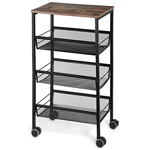 LIANTRAL Rustic Kitchen Cart with Wheels and Storage, 4 Tier Metal Mesh Rolling Storage Cart, Mesh Storage Pantry Cart…