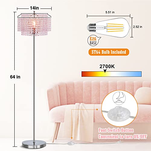 Luvkczc Pink Crystal Floor Lamp, Modern Standing Lamps With Double-Layer Lampshade, Led Floor Lamp With On/Off Foot Switch, Silver Finish Tall Pole Lamp For Living Room, Girl Bedroom, Dresser, Office #TOP3