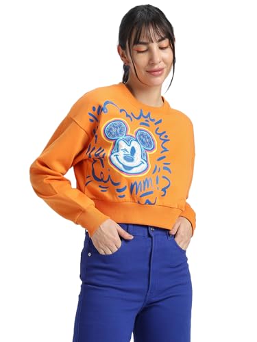 Image of JUNEBERRY Cotton Poly Fleece Official Disney Merchandise Regular Fit Orange & Green Mickey Mouse See Ya Real Soon Graphic Print Full Sleeve Sweatshirt for Women