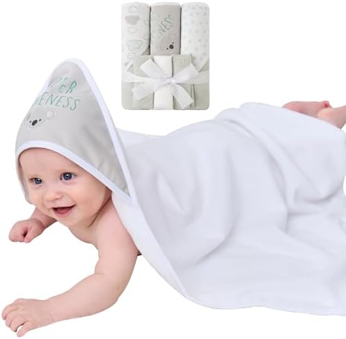 Viviland Baby Towels and Wash Cloths Set - Hooded Towels, Face Towels, Wipes & Burp Cloths for Girls & Boys - 6-Pack, 28 x 28 Inch (Grey Koala) - 1