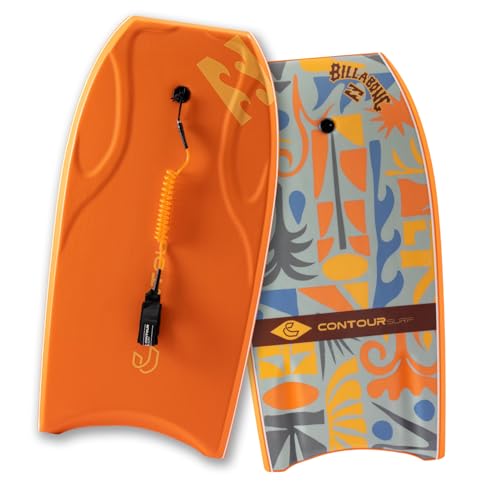 Billabong x CONTOUR SURF 42'' Body Boards for Beach Pool Lightweight PE Core IXPE Deck HDPE Bottom FRP Stringers High Performance Body Board with Double Swivel Surf Leash Lightning Tangerine
