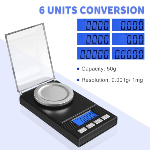 Fuzion Milligram Scale 50g/0.001g, Portable Jewelry Scale .001 Gram Accuracy, Mg Scale, Powder Scale, Microgram Scale, Milligram Scale for Powder Medicine with Tray/Tweezers/Calibration Weight