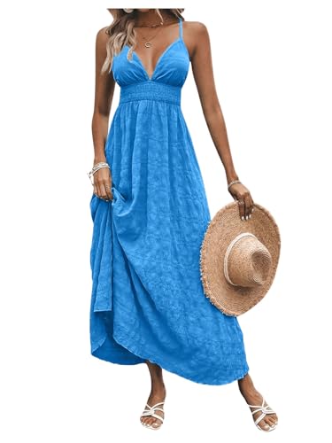 Milumia Women's Summer Smocked Cami Maxi Dress Boho V Neck Spaghetti Strap A Line Flowy Beach Long Sundress