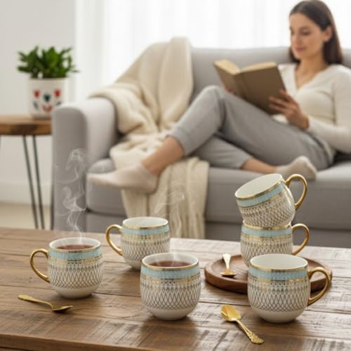 Image of Clay Craft Fine Ceramic Tea & Coffee Cups Set of 6| 200 Ml Designer Cups with Gold Handle & Elegant Pattern | Ideal for Home| Guests & Gifting