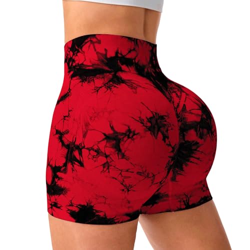 Shgiloo Pantaloncini da palestra da donna, senza cuciture, a vita alta, controllo della pancia, pantaloncini da ciclismo, tie dye, sexy scrunch yoga, Rosso, S Shgiloo Pantaloncini da palestra da donna, senza cuciture, a vita alta, controllo della pancia, pantaloncini da ciclismo, tie dye, sexy scrunch yoga, Rosso, S