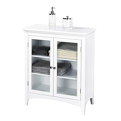 Elegant Home Fashions Madison Freestanding Floor Cabinet Bathroom Kitchen Living Room Storage Organizer with 2 Glass Doors 2 Adjustable Inner Shelves, White