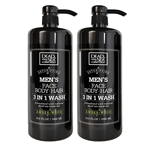 Dead Sea Collection Mens Shower Gel 3 in 1 with Amberwood Oil and Dead Sea Salt - Body Wash, Shampoo for Men, Face Wash - Pack of 2 (1000 ml. each)