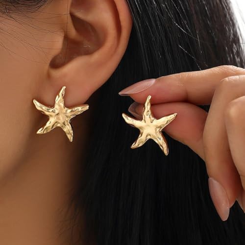 14K Gold Plated Starfish Earrings for Women Trendy, Boho Summer Beach Starfish Earring Gold Statement Hypoallergenic Studs Vacation Outfits Accessories Jewelry2