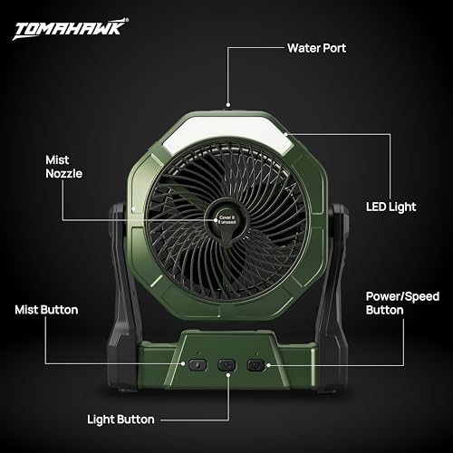 Image of Tomahawk TCF-4405 5-Inch Portable Blade Fan with Water Tank & LED Light Rechargeable 2000mAh Battery 3-Speed Cooling Fan with 250ml Capacity | Cordless Fan for Home, Workshop & Professional Use