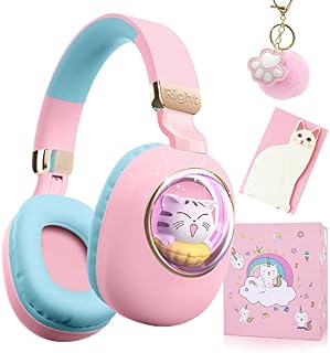JYPS Kids Wireless headphones with Microphone, Childrens 3D Cat Headphones Over-ear with Led Light, Foldable Bluetooth Headphones for Girls/Teenager/Adult Women, Cat Birthday