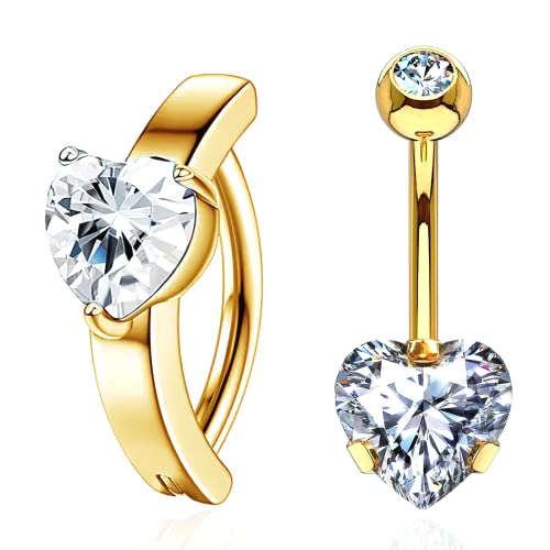 SHINYY 2 Piece Heart Belly Button Rings for Women Surgical Steel Cubic Zirconia Navel Clicker Body Piercing Jewelry for Mother and Daughter, Stainless Steel, cubic zirconia