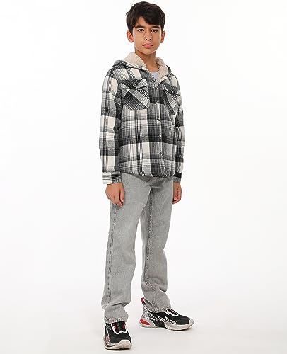 Image of ZENTHACE Boys Sherpa Fleece Lined Flannel Plaid Button Down Shirt Jacket,Hooded Flannel Shirt with Hand Pockets