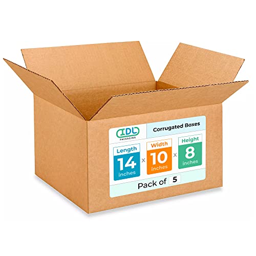 Medium Moving &amp; Shipping Boxes 14 x 10 x 8 inches (5-Pack) - Extra Strength 200 lb vs Regular - Corrugated Packaging Box, Made in USA - Box for Shipping - Cardboard Box by IDL Packaging