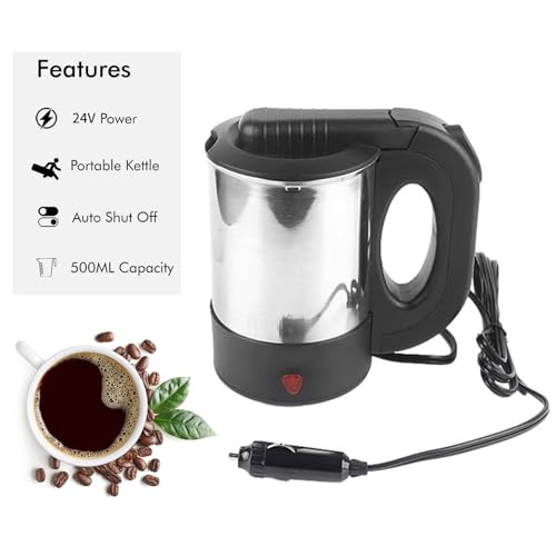 IGTOPS 500ml LKW Wasserkocher Edelstahl, 24V Reisewasserkocher Zigarettenanzünder Wasserkocher, Auto Camping Reise Wasserkocher Schnelles Aufheizen LKW Kettle