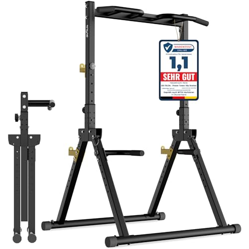 DH FitLife Faltbar Power Tower Dip Station | Klimmzugstange Freistehend bis 150kg mit Dip Barren u....