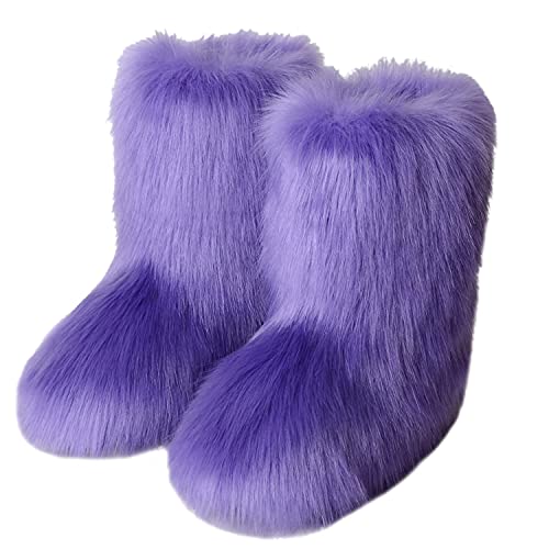 LVCOMEFF Women Faux Rabbit Fur Boot Outdoor with Fur Lining Plus Size Furry Fluffy 2021 Flat Shoes Fuzzy Snow Boot