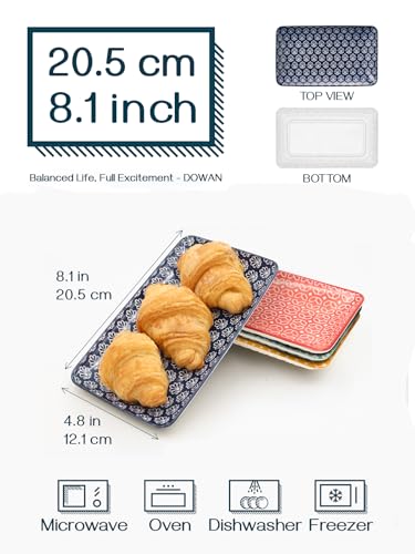 DOWAN Servierplatte 6er - Neues Bone China Kuchenplatte Rechteckig 20.5cm/8' - Servierteller für Vorspeisen, Sushi, Obst, Salat, Dessert - mikrowellen-/ofen-/spülmaschinenfest - Mehrfarbig