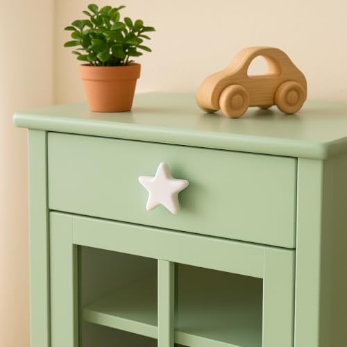 Image of IndianShelf 2 Pieces White Star Ceramic Luxury Drawer Knobs for Kitchen Cabinet Hardware Kids Wardrobe Door Pulls Decorative Dresser Elegant knobs for Kids Room