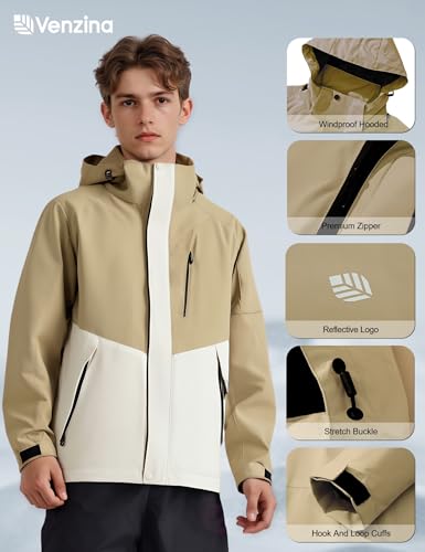 Image of Venzina Men's Waterproof Rain Jacket-Lightweight Windbreaker with Color Block Design, Breathable for Urban Outdoor, Daily Commuting I Fashion Unisex Couple Jacket