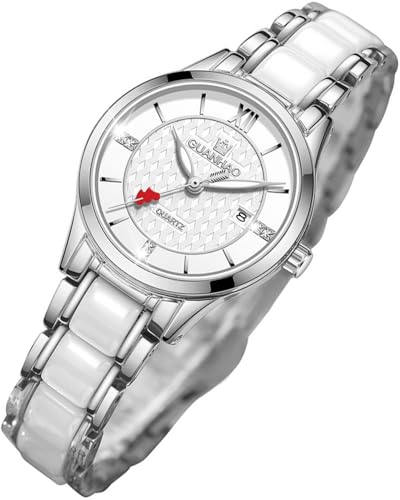 Montres en céramique Blanche pour Femme, Montre Tendance pour Femme, avec Bracelet en céramique, étanche, avec Calendrier Montre Fine de Luxe en Acier Inoxydable,...