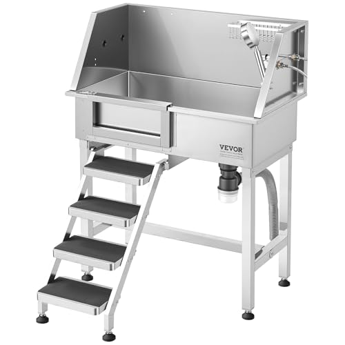 VEVOR 34 Dog Washing Station Professional Stainless Steel Pet Grooming Tub Bathtub Dog Wash Sink with Shower Faucet Soap Holder Non-Slip Stairs Easy-Clean for Small Dogs Cats Left Door