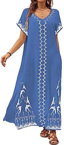 Bsubseach Women Embroidery Short Sleeve Bikini Swimsuit Cover Up Side Split Beach Kaftan Dress