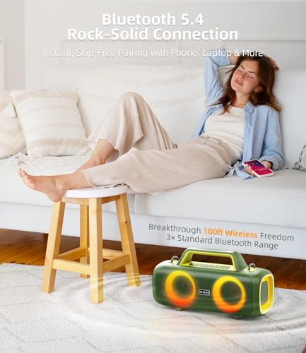 VUOPAX Altavoz Bluetooth Portátil 140W Potente con 2 Subwoofers y 2 Tweeters, IP65 Impermeable, 24h de Autonomía, Luces RGB, para Fiestas, Playa, Jardín - Conexiones AUX/USB/TF - imagen 9