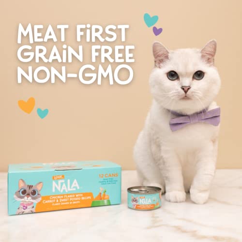 Image of LOVE, NALA - Natural Adult Cat Wet Food - FLAKED Chicken with Carrot & Sweet Potato in Broth - Grain Free, Non-GMO, Lean Protein, Digestive Fiber Blend, Added Minerals & Vitamins - 12 Pack, 2.4 lbs.