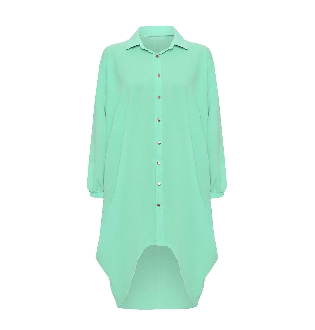 Womens Dip Hem High Low Button Collar Shirt Ladies Long Sleeve Hi Lo Dress Top Fancy Party Wear Blouse Plus Size Flowing Tunic Asymmetric Hem Stylish Evening Casual Fashion UK 8-26 Mint