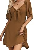 Dokotoo Chocolate Brown Dress Dresses for Women 2026 Casual Summer Deep V Neck Wedding Guest Cute Outfits Dresses for Women Fashion Casual Sexy Ruffle Elegant Bow Tie Mini Dress