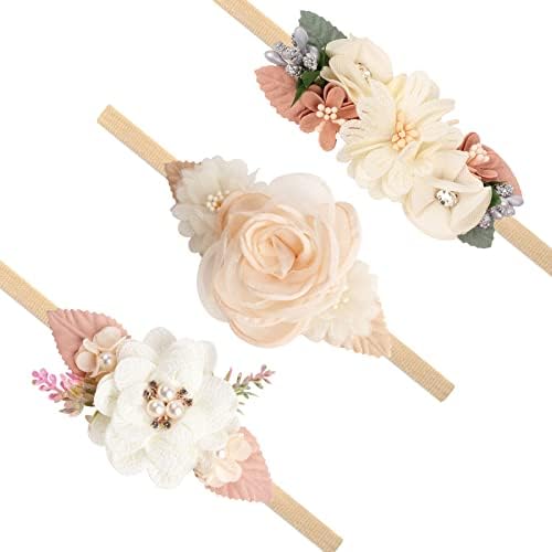 PABOBIT Baby Girl Flower Nylon Headband-Elastic Hair Band Handmade Bow For Newborn Infant Toddler Pack of 3 (Beige)