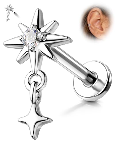Agrewd Titanium Flat Back Cartilage Earring, 16G 6MM Internally Thread Helix Jewelry, Surgical Steel Dangle Helix Tragus Piercing Jewelry