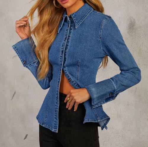 Denim Shirt Tops for Women Button Down Slim Fitted Long Sleeve V Neck Lightweight Jean Jackets4