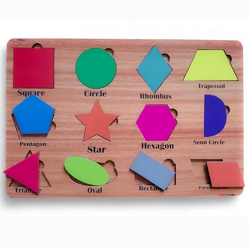 Image of Fiddlys Wooden Educational Jigsaw Puzzles for Toddlers & Preschoolers, Double Layered Wooden Puzzles with Bright Front & Back Print Alphabet Shapes and Numbers Learning, Toy (Shapes)