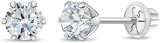 CZ Round Simulated Birthstone Kids Earrings - 14k White Gold Earrings for Girls with Secure Screw Backs - Safe & Comfortable for Toddlers, Kids & Little Girls