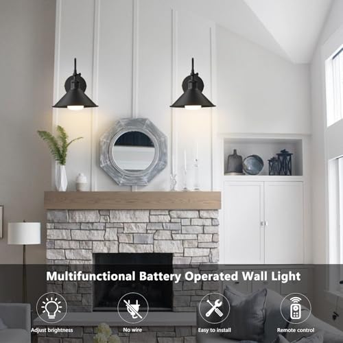 Image of Wireless Battery Operated Wall Sconce, Black Industrial Wall Lights Decor Set of 2, Vintage Rechargeable Magnetic Cordless Wall Lamp Fixture with Remote for Farmhouse Bedroom Living Room