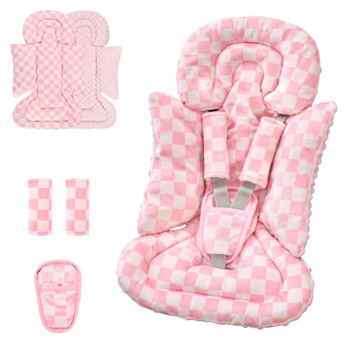 DAYEEBALL 4 in 1 Infant Car Seat Insert, Baby Car Seat Head Body Support for Girls & Boys, Reversible Newborn Car Seat Insert with 3 Extra Strap Paddings, Premature Car Seat Cushion (Pink)