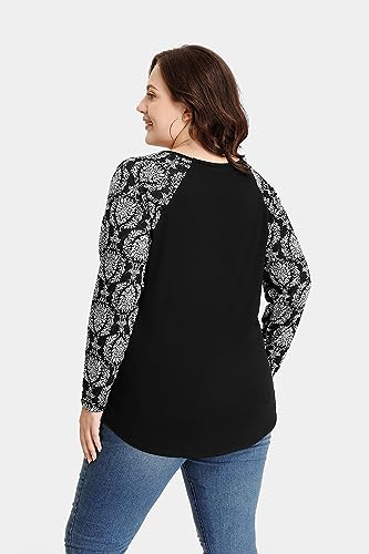 Image of TIYOMI Plus Size Tops for Women Raglan Long Sleeve V Neck T Shirts Casual Color Block Leopard /Floral Tops Winter Tee Shirt