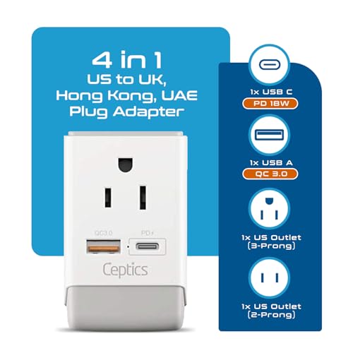 Image of Ceptics UK Ireland Hong Kong Plug Adapter, International Power Plug with USB & USB-C - 2 USA Socket, QC 3.0 & PD - Type G Outlet Adapter for USA to British England Scotland London - Fast Charging