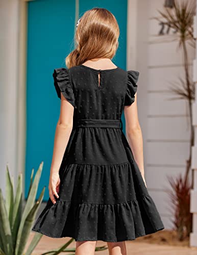 Hopeac Girl's Summer Dress Sleeveless Ruffle Sleeve Round Neck Mini Dress Solid Color Loose Flowy Pleated Dress Black 11-12 Years #TOP3