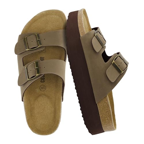 CUSHIONAIRE Plane Comfortable Platform Womens Sandals with Double Buckle Straps and Genuine Suede Footbed Sandals for Women 2025, Wide Widths Available