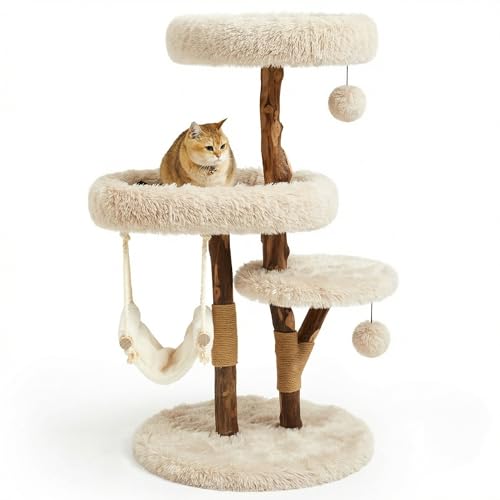 Letkind Modern Cat Tree Tower for Large Indoor Cats, Perches-Natural Solid Wood Cat Tower with Sisal Scratching Post, Perches, Hammock & PlayBalls, Aesthetic Boho Cat Furniture